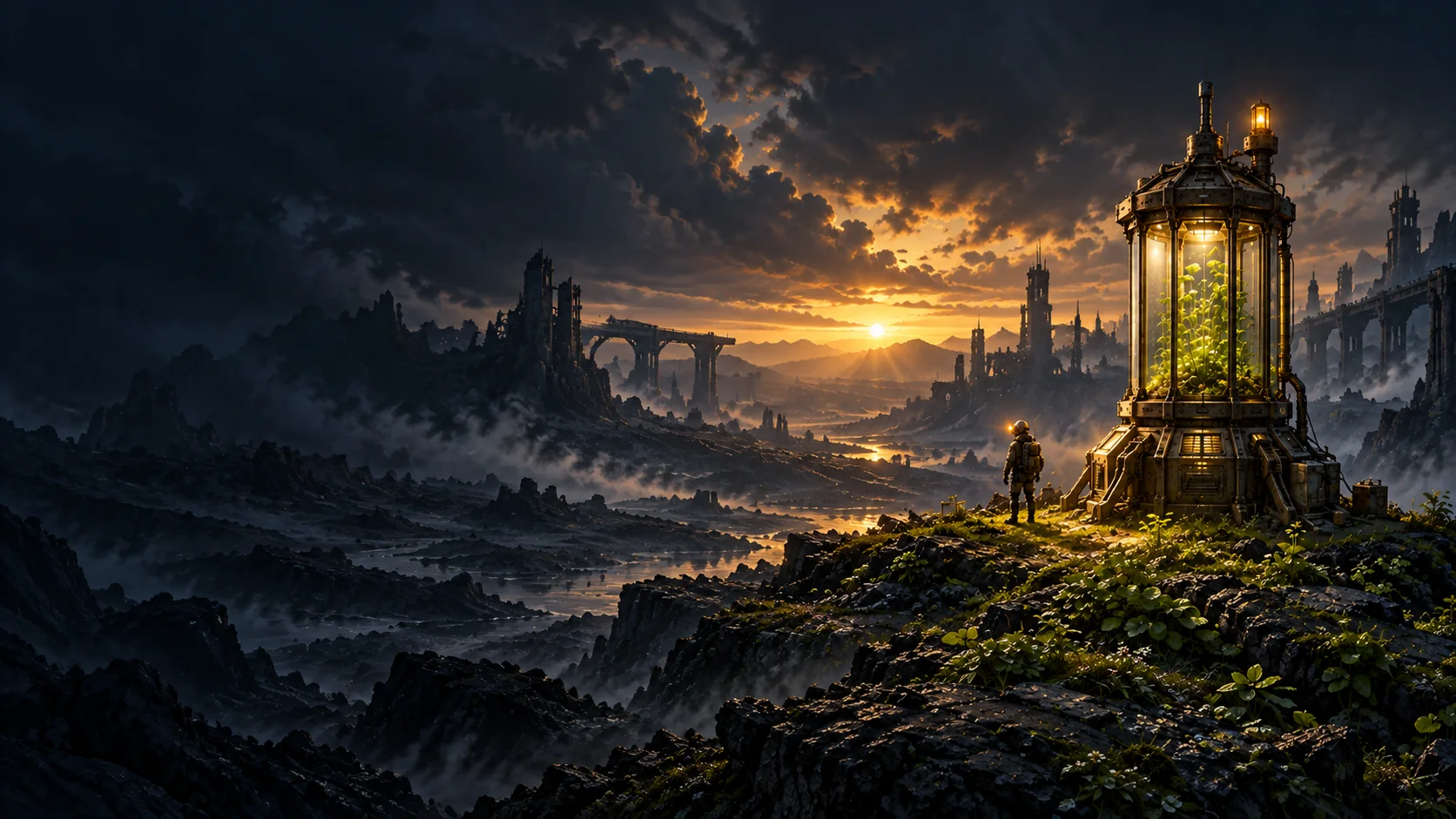Concept artwork for Earth: Reclaim. An explorer stands beside a glowing greenhouse tower on a ruined planet at sunset.